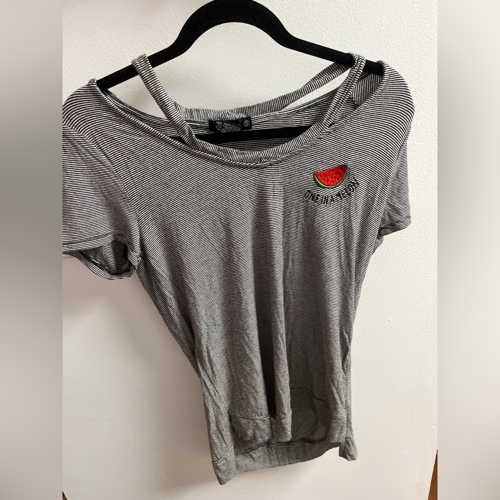 “One in a Melon” cute Embroidered T-Shirt Pinstripes with Cut Outs Size S